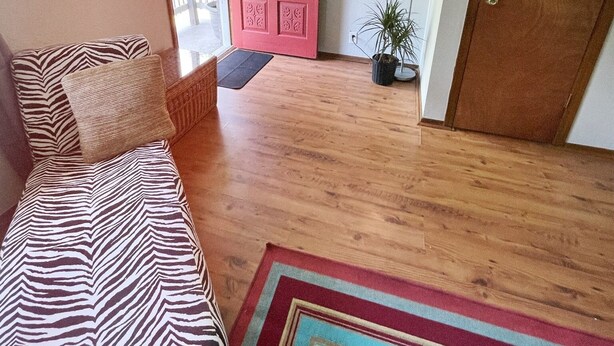 Une pièce chaleureuse avec un canapé à motifs zébrés, un tapis coloré et une porte rouge donnant sur un balcon.