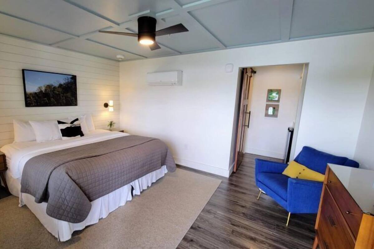 A bedroom with a bed, bedside tables, a ceiling fan, and a blue chair.