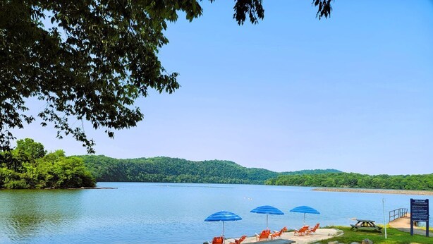 A lakeside beach with picnic tables, lounge chairs, and umbrellas. - Wildwood Resort & Marina (Granville)