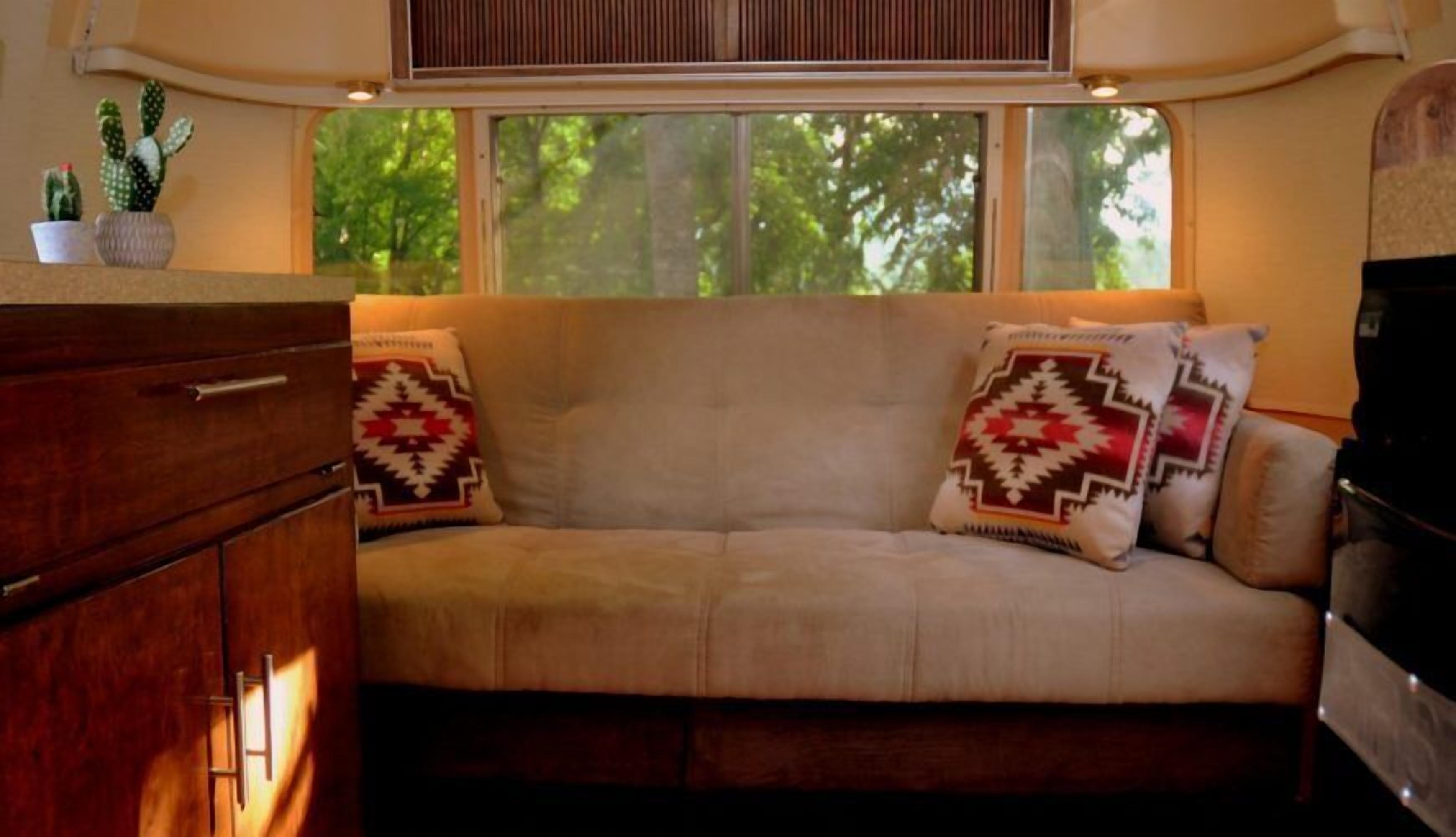 A cozy interior with a sofa, pillows, and a small cactus plant.