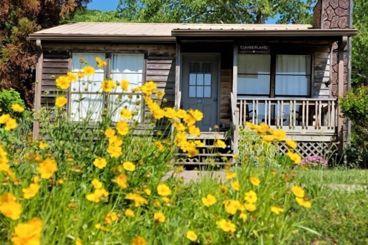 A rustic cabin with a porch, a sign reading "CUMBERLAND," and a lush garden in front.