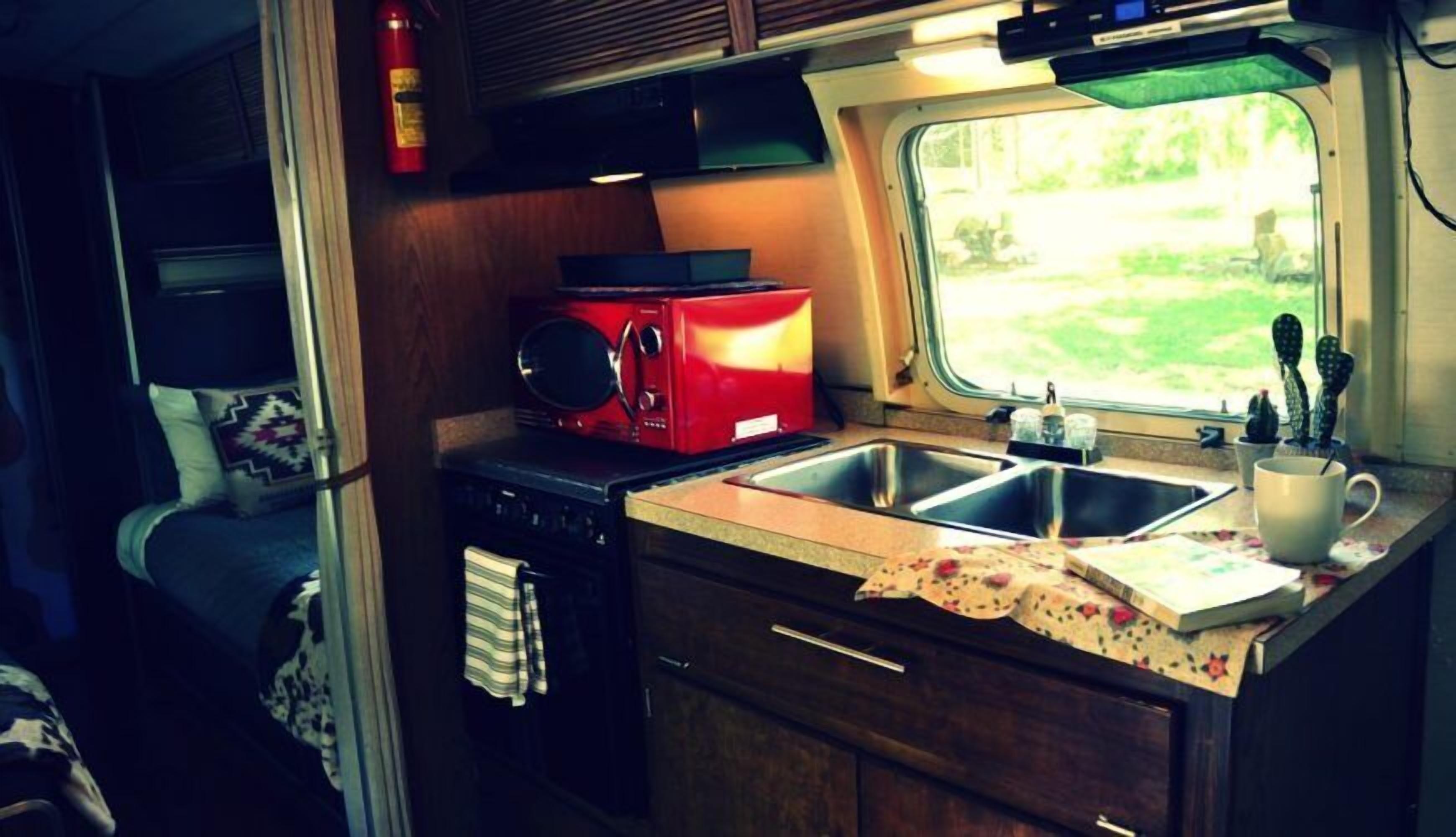 Una kitchenette compacta con un microondas rojo, un lavamanos y una ventana que ofrece vistas al follaje exterior.
