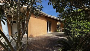 Un bâtiment doté d’une terrasse en bois, entouré de plantes tropicales.