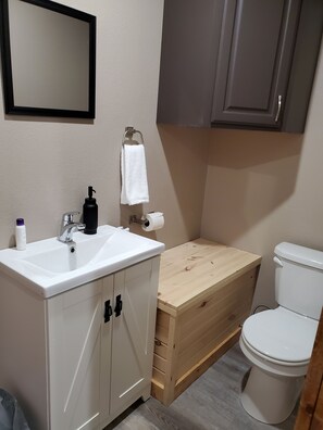 Une salle de bain avec un lavabo blanc, un meuble-lavabo en bois, des toilettes et un miroir.