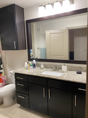 Combined shower/bathtub, hair dryer, towels