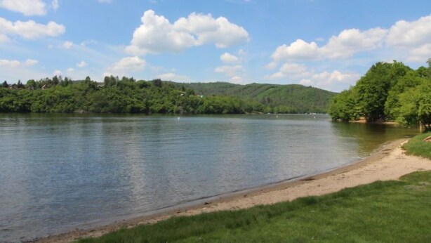 Un lac paisible, avec une plage de sable et une végétation luxuriante sur ses rives.