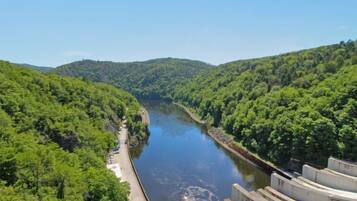 A dam with a river flowing through a forested valley.