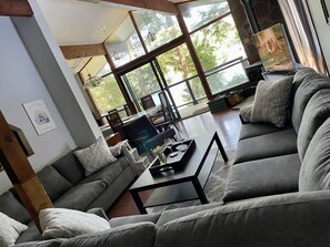 Flat-screen TV, fireplace, video games, DVD player