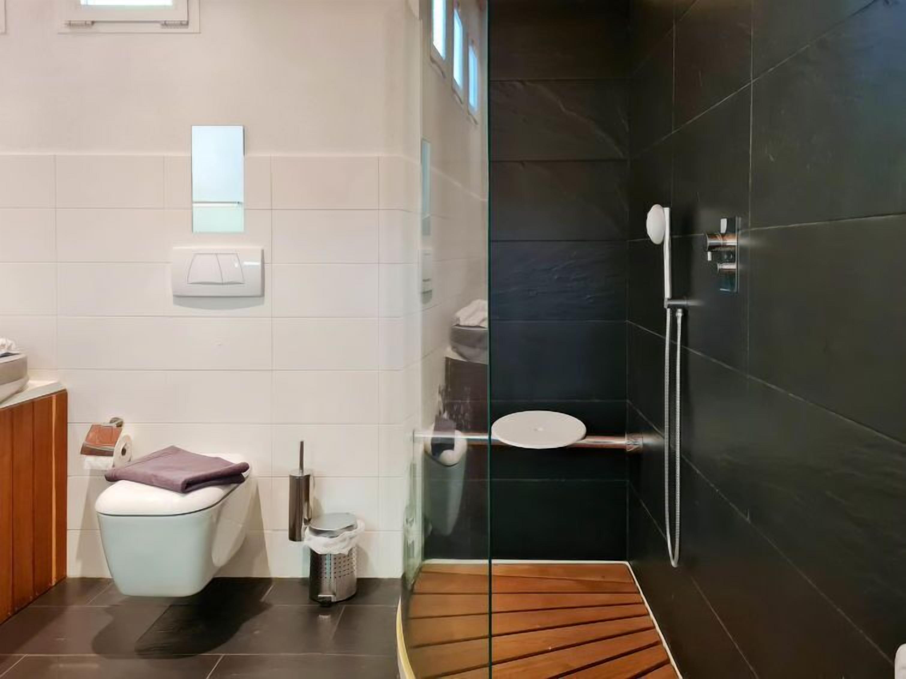 Hydromassage showerhead, hair dryer, towels