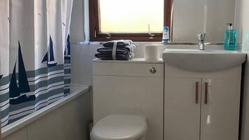 Combined shower/tub, hair dryer, towels