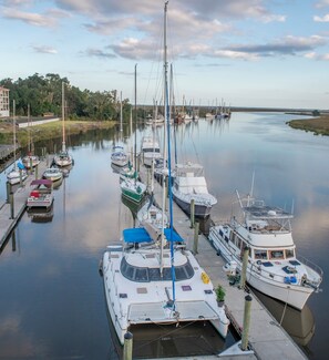 A marina with multiple boats docked, calm water, and a dock extending into the water. - Oaks on the River (Darien)