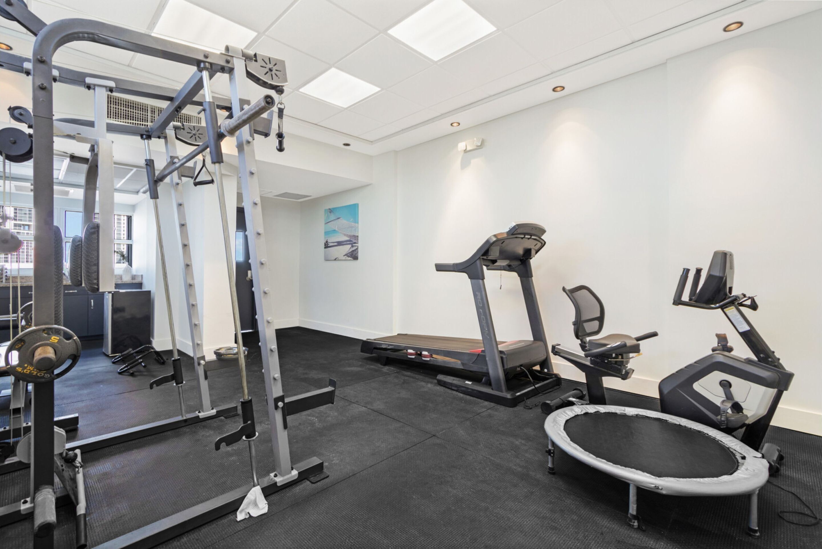 A gym with a treadmill, elliptical, and weight machines.