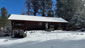 A wooden cabin with a metal roof, surrounded by snow-covered ground and trees. - Cabin in the Pines - 3 Minutes to the beach, docks or golf! (Cascade)