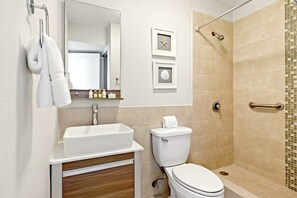 Shower, hair dryer, shampoo, toilet paper