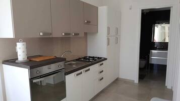 Réfrigérateur, un four, surface de cuisson, cafetière-théière