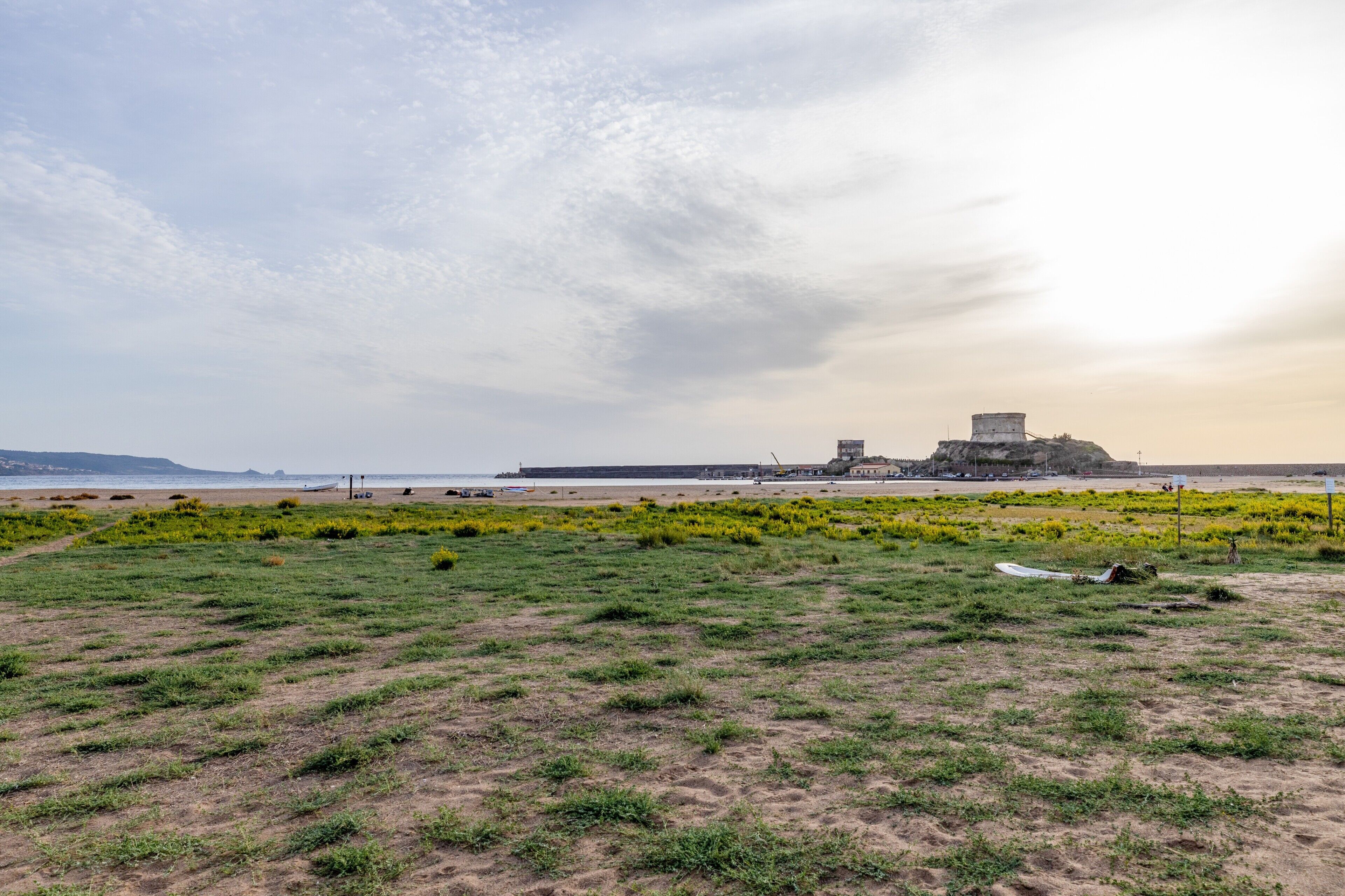 A coastal landscape with a grassy area, a sandy beach, and a large historical structure in the background.