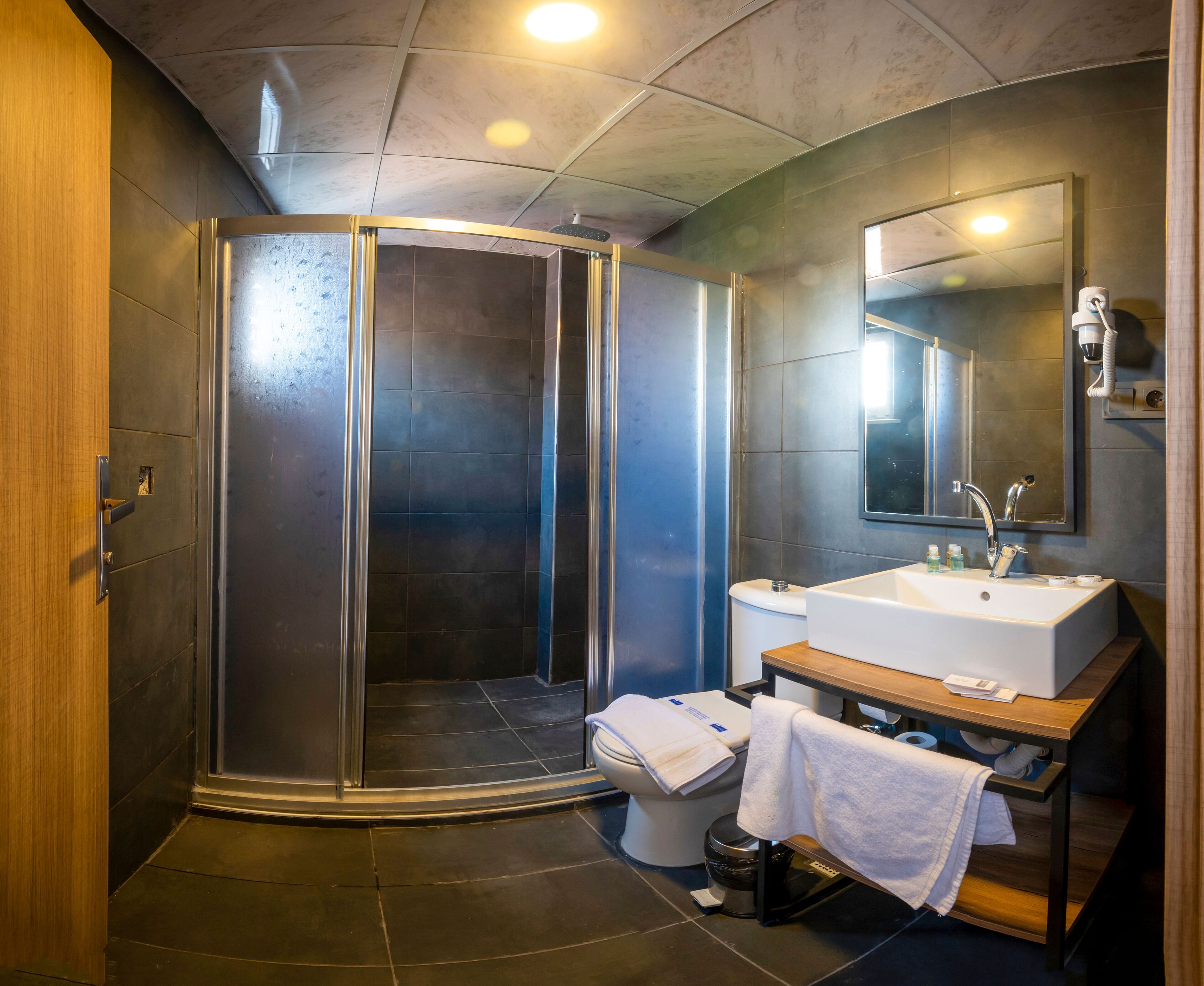 A modern bathroom with a glass-enclosed shower, a white sink, and a mirror above the sink.