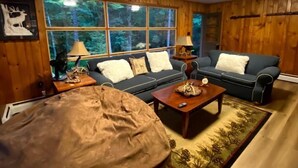 A cozy living room with wooden walls, a large window, a blue sofa, a coffee table, and a bean bag.