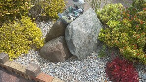 Un giardino con diverse piante e rocce, una panchina e una scultura di un uccello.
