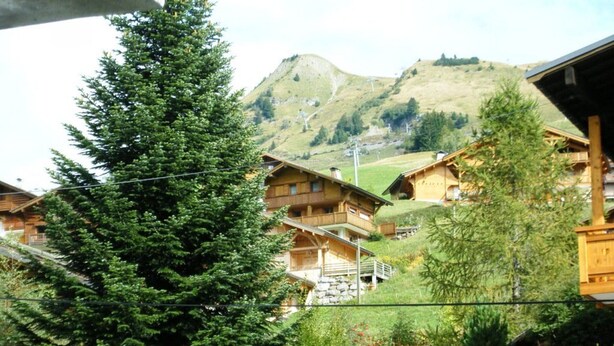 Eine Berglodge mit Holzhütten, umgeben von üppigem Grün und einer Bergkulisse.
