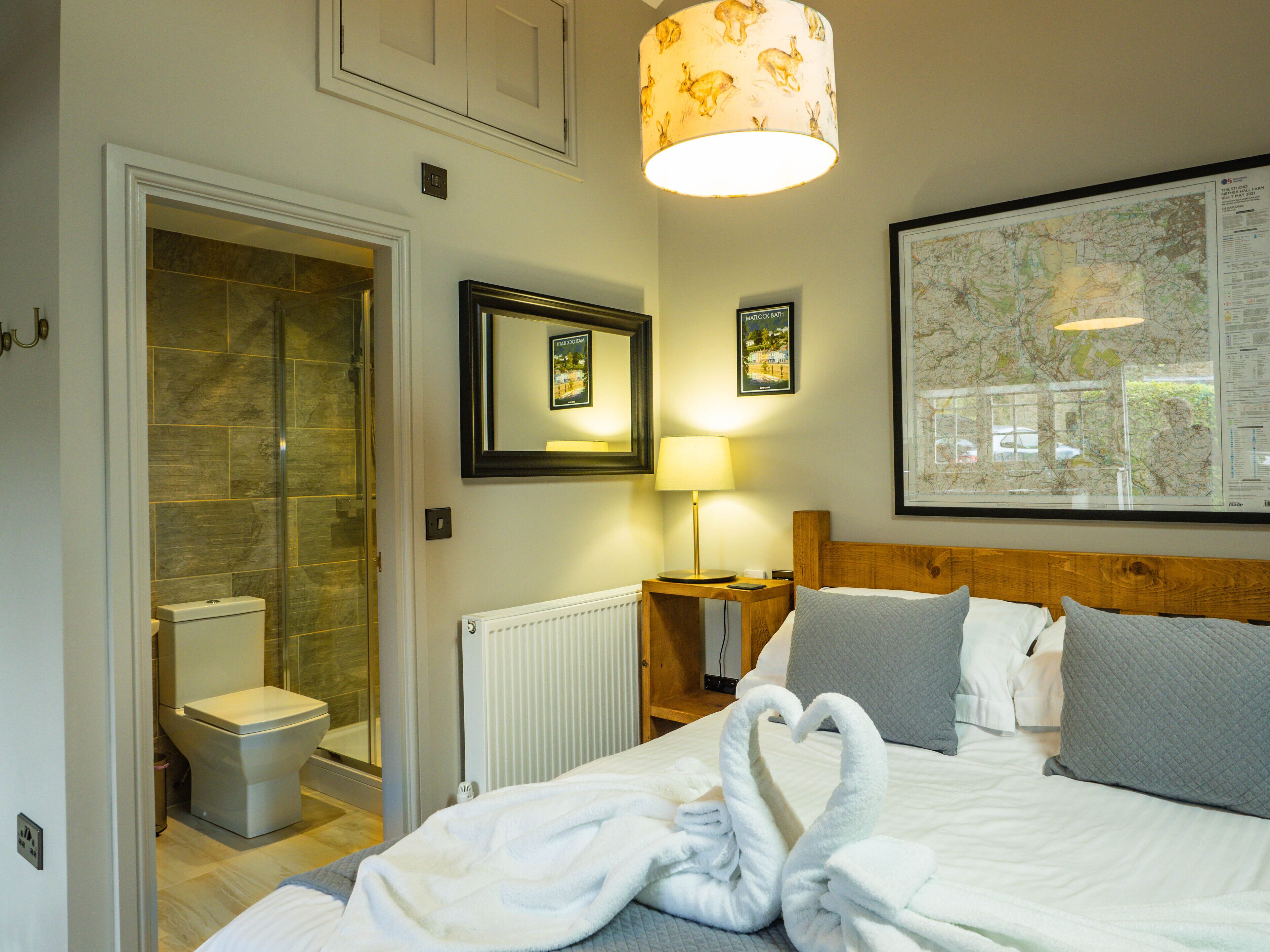 Habitación de hotel con cama, ducha, inodoro, un mapa en la pared y una lámpara.
