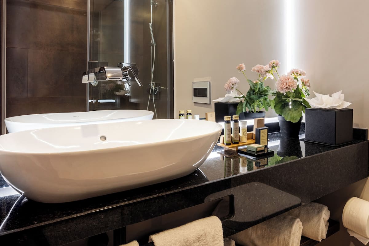 shower, designer toiletries, hair dryer, soap