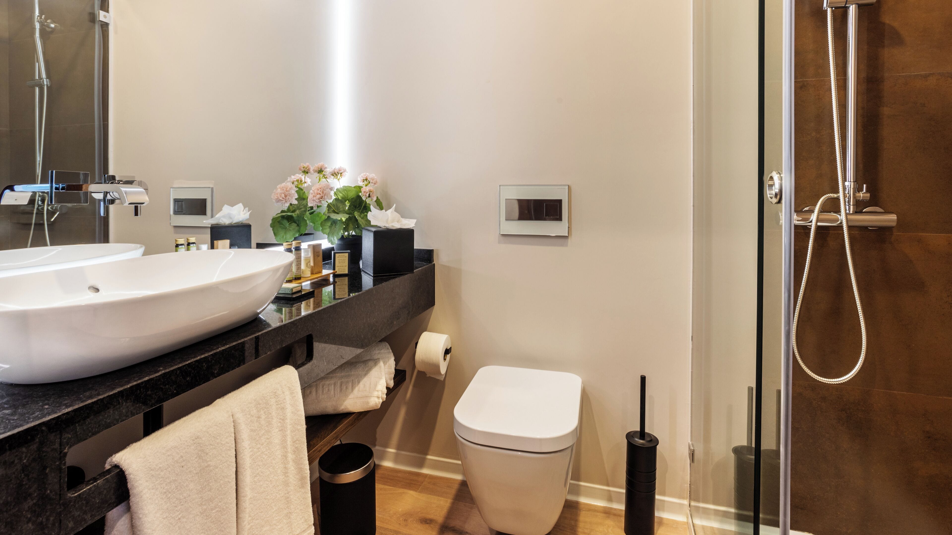 shower, designer toiletries, hair dryer, soap