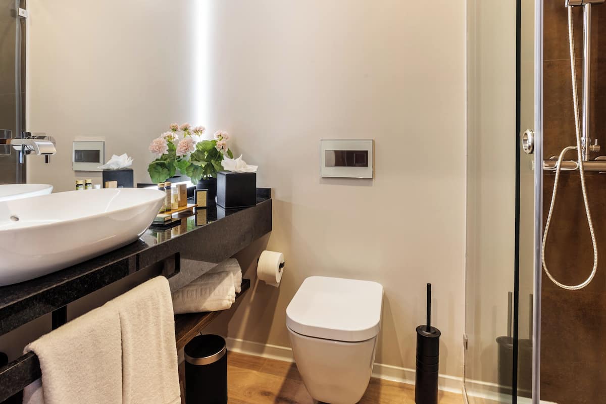 shower, designer toiletries, hair dryer, soap