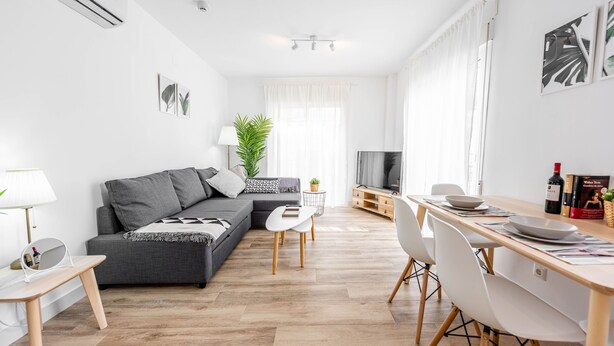Ein modernes Wohnzimmer mit einem grauen Sofa, einem Esstisch mit Stühlen, einem Fernseher und einer Pflanze.