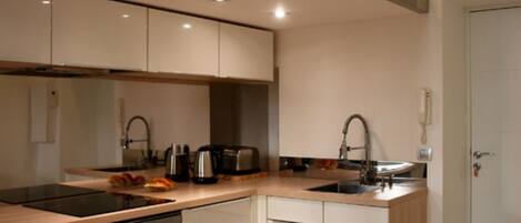 Fridge, oven, electric kettle, toaster