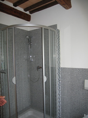 Regadera, toallas, papel de baño
