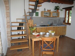 Fridge, stovetop, coffee/tea maker, cookware/dishes/utensils