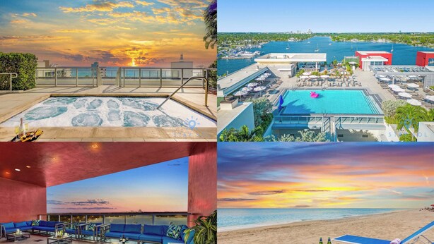 Uma piscina no terraço com vista para o pôr do sol, uma área de estar à beira da piscina e um espaço de descanso na praia com espreguiçadeiras.