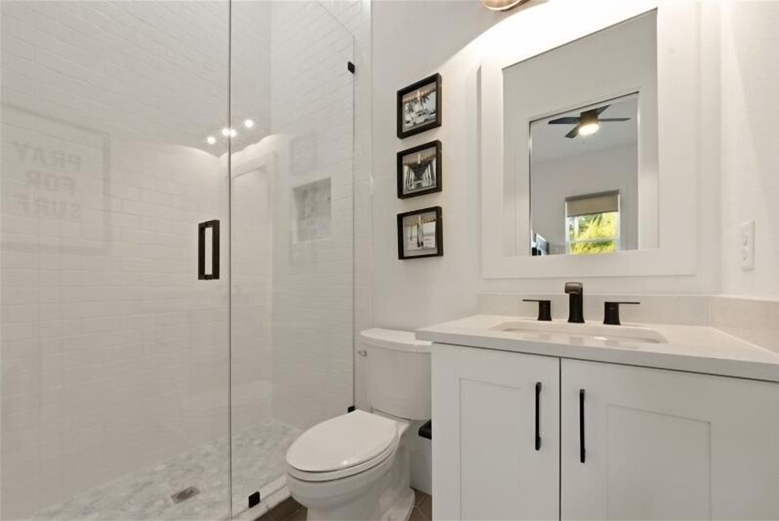 A modern bathroom with a glass-enclosed shower, a white toilet, and a vanity with a mirror.