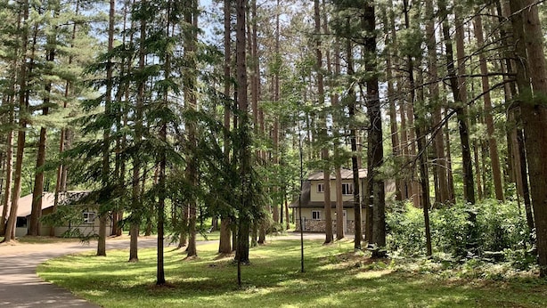 A forested area with a two-story building, a paved path, and a grassy area. - Home On Bike/Snowmobile/UTV-ATV Trail Near Chain of Lakes and Town! (Manitowish Waters)