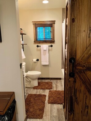 Combined shower/bathtub, hair dryer, towels, soap