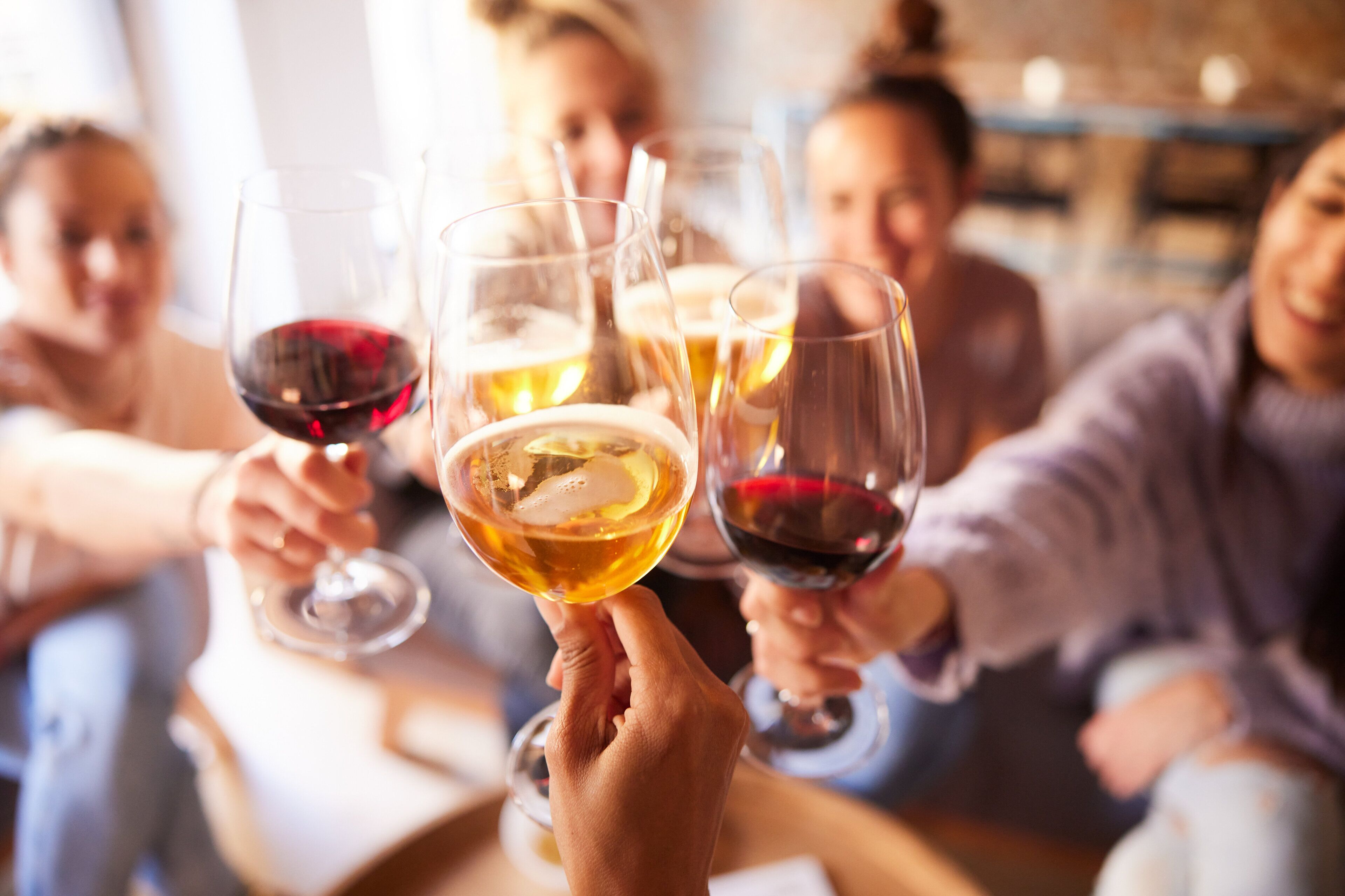 A group of people toasting with wine glasses.