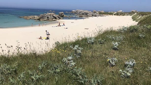 Une plage avec un ciel dégagé, des formations rocheuses et des gens qui profitent du sable et de l’eau.