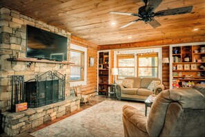 Smart TV, fireplace, video games, DVD player