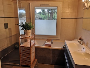 Combined shower/bathtub, hair dryer, towels