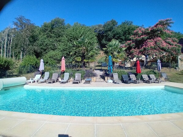 A swimming pool with lounge chairs and umbrellas, surrounded by trees and shrubs.