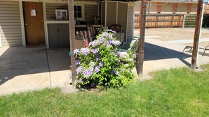 A building with a covered porch, a sign reading "Motorcycle Harley-Davidson," and a small garden with purple flowers. - In the Heart of Longmont ~ 15 Minutes to Boulder, Colorado (Longmont)