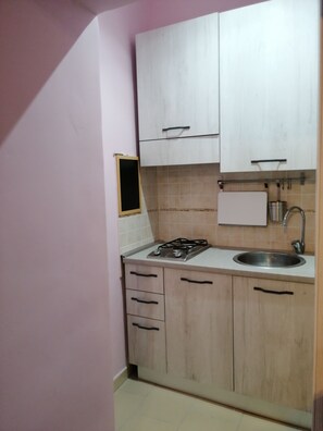 Kühlschrank, Herdplatte, Kochgeschirr/Geschirr/Besteck, Esstisch