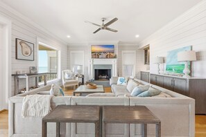 Smart TV, fireplace, books