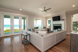 Smart TV, fireplace, books