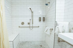 Shower, hair dryer, towels - ADA - Deluxe Room, 1 Queen Bed, Accessible Non Smoking (Long Beach)