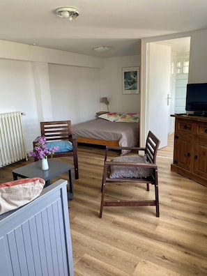 Et værelse med en seng, to træstole, et lille bord, en radiator, et fjernsyn og et skab.