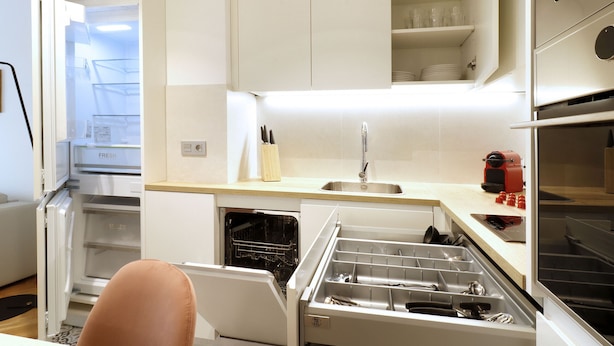 A compact kitchen with a built-in dishwasher, a sink, and a compact oven.