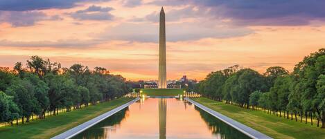 A large obelisk in a park with a reflective water feature in front.