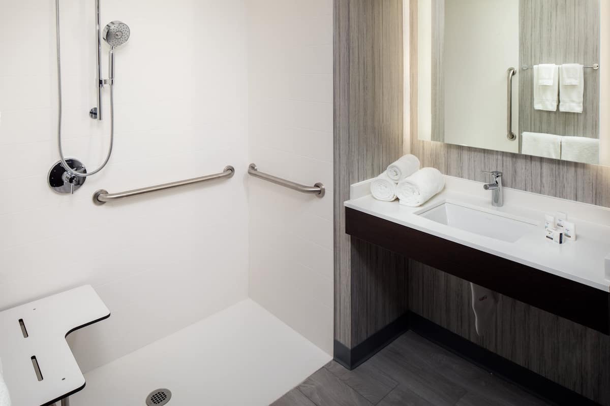 A modern bathroom with a white sink, mirror, and towel rack. There are two grab bars on the wall and a showerhead.